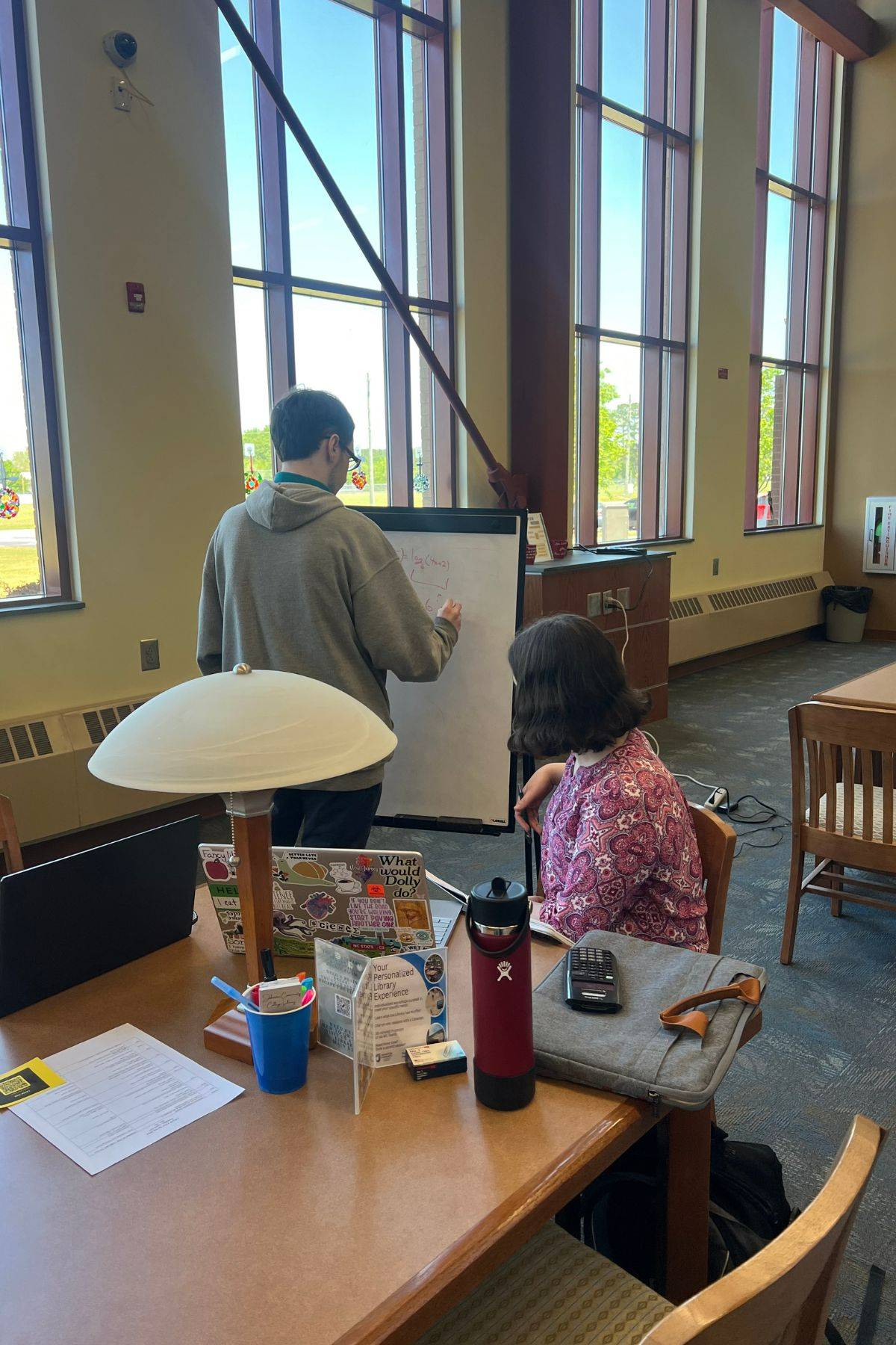 Tutor and student in library studying
