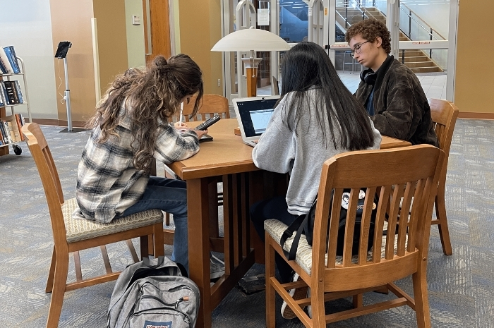 Students at a table in the Library working
